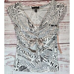 Almost Famous Newspaper Print Cut Out Front NEW Tie Front Top Women's Small P